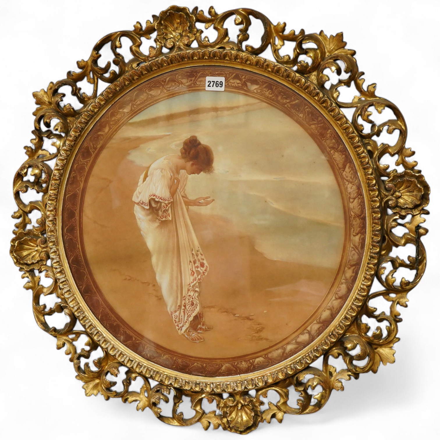 After William Henry Margetson RI (1861-1940), 'The sea hath its pearls', tondo colour print housed in a Florentine style carved giltwood frame, 49cm diameter